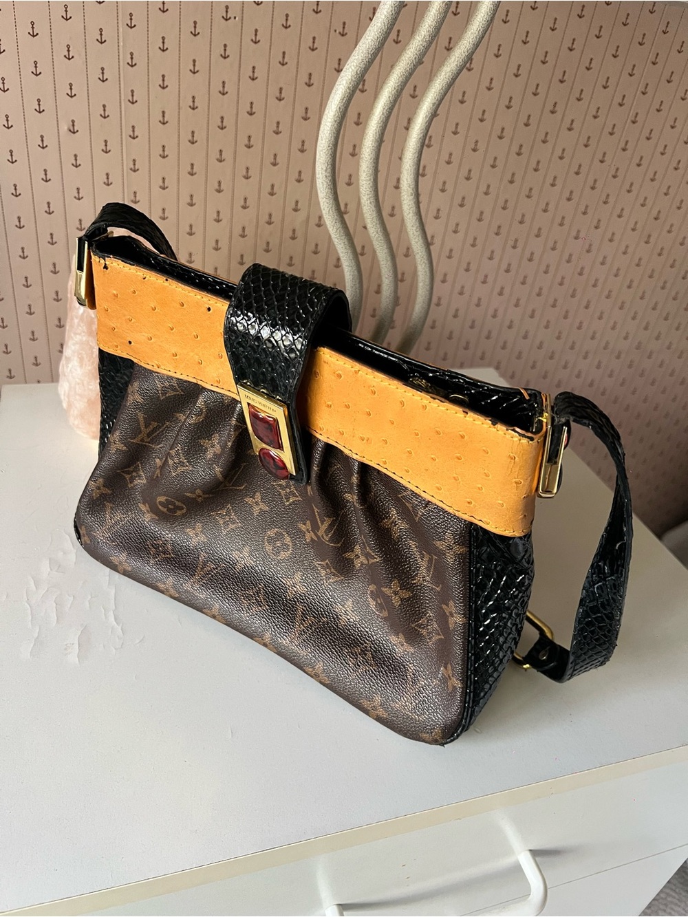 Louis Vuitton Brown Monogram Shoulder Bag with Yellow Accent and Black Trim